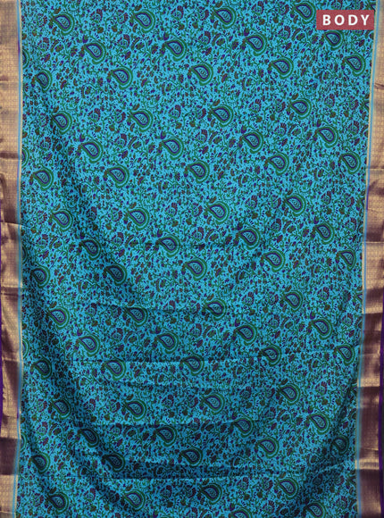 Semi mysore silk saree light blue and violet with allover prints and zari woven border