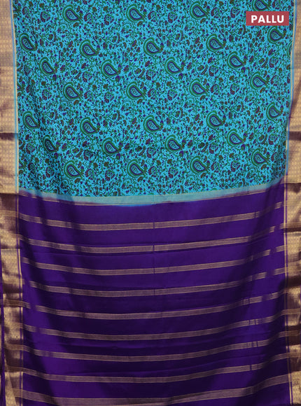 Semi mysore silk saree light blue and violet with allover prints and zari woven border