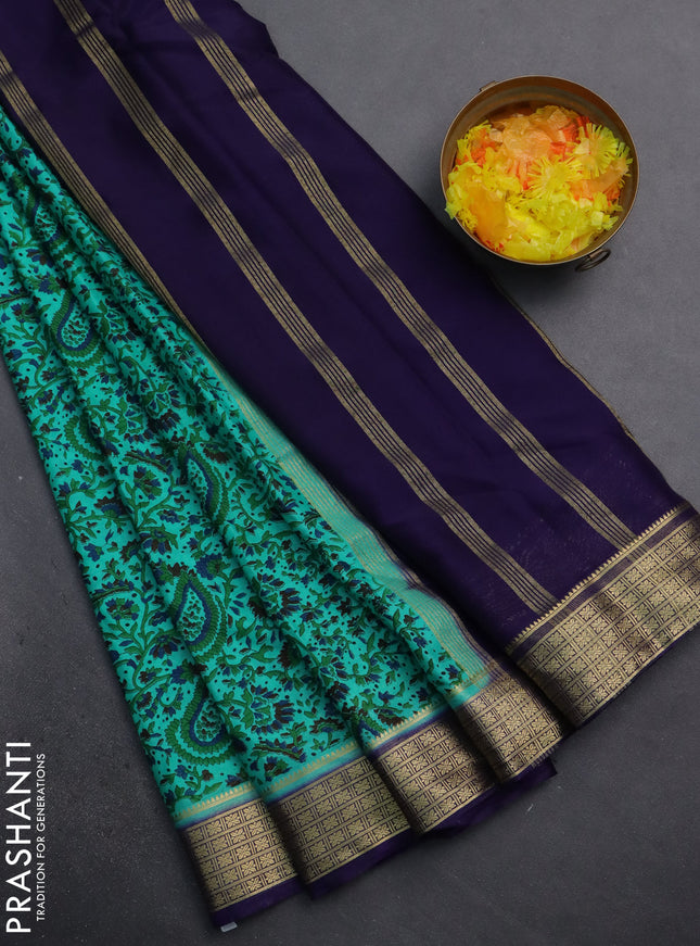 Semi mysore silk saree teal green and navy blue with allover prints and zari woven border