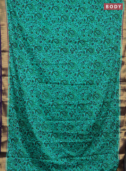 Semi mysore silk saree teal green and navy blue with allover prints and zari woven border