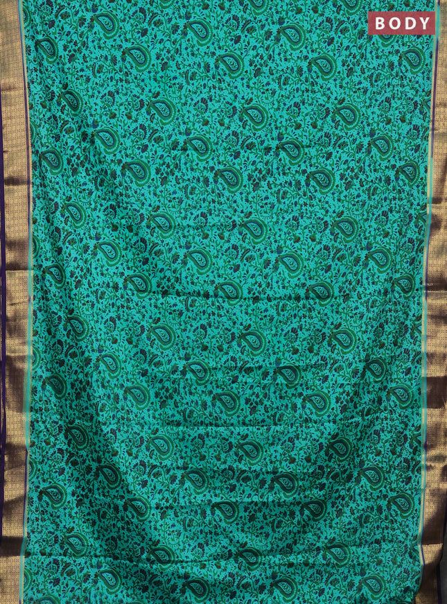Semi mysore silk saree teal green and navy blue with allover prints and zari woven border