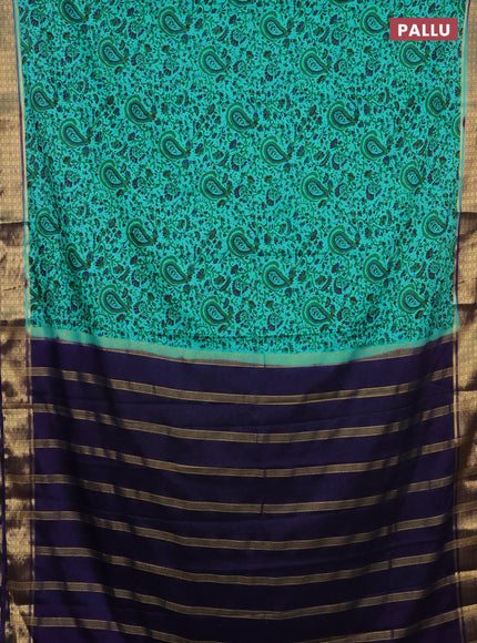 Semi mysore silk saree teal green and navy blue with allover prints and zari woven border
