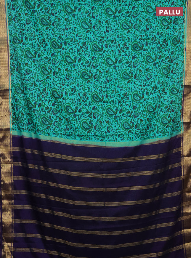 Semi mysore silk saree teal green and navy blue with allover prints and zari woven border
