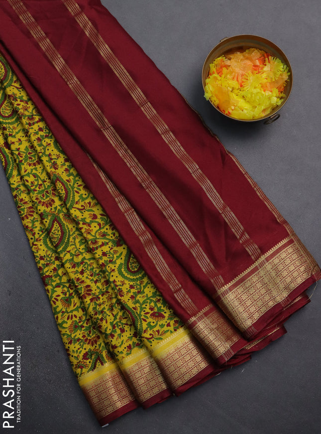 Semi mysore silk saree lime yellow and maroon with allover prints and zari woven border