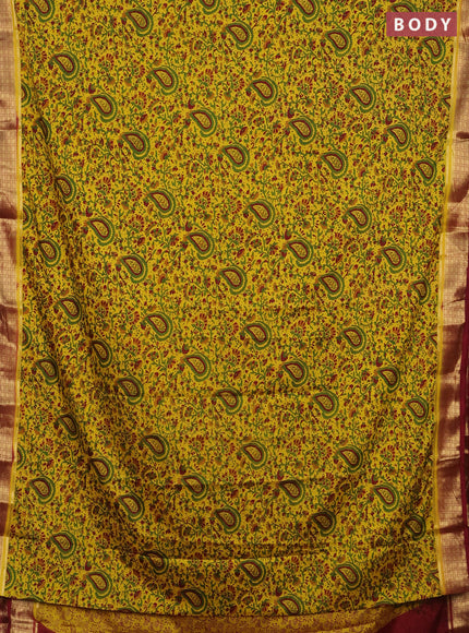 Semi mysore silk saree lime yellow and maroon with allover prints and zari woven border