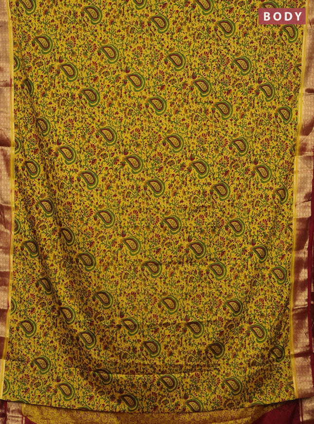 Semi mysore silk saree lime yellow and maroon with allover prints and zari woven border