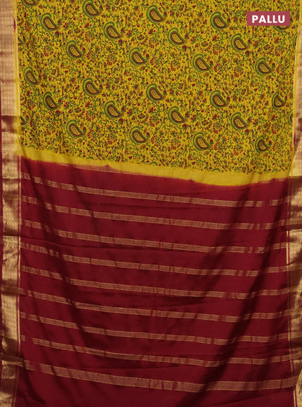 Semi mysore silk saree lime yellow and maroon with allover prints and zari woven border