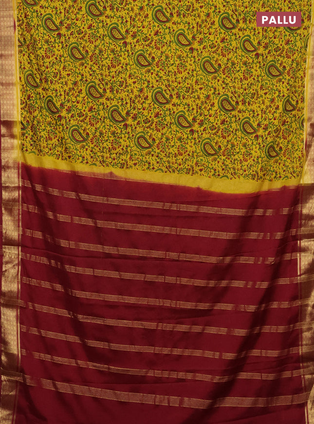 Semi mysore silk saree lime yellow and maroon with allover prints and zari woven border