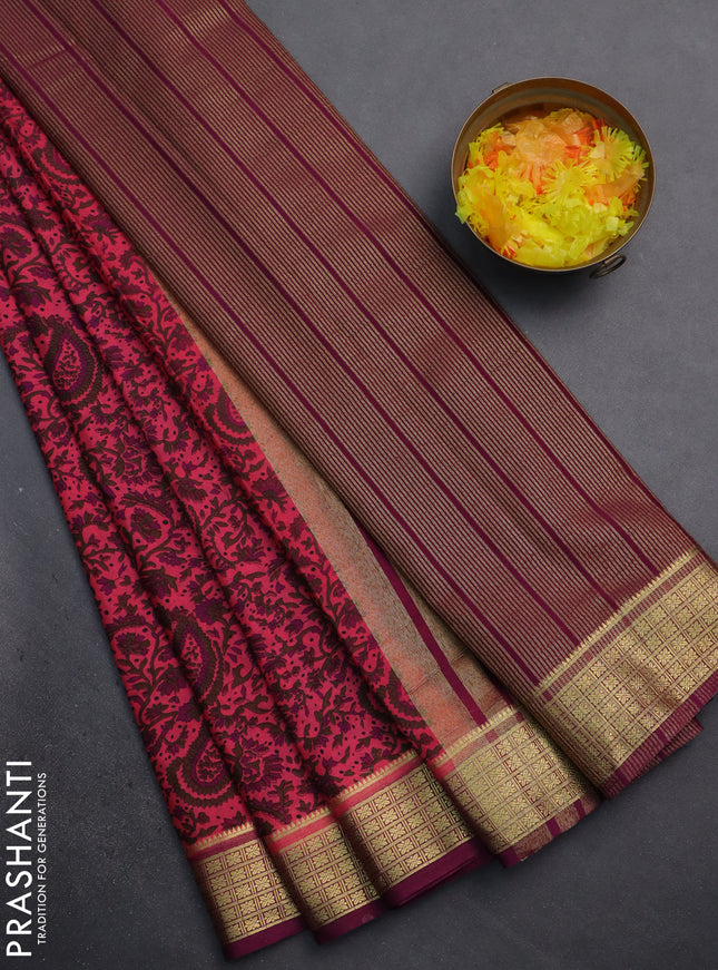 Semi mysore silk saree pink and purple with allover prints and zari woven border
