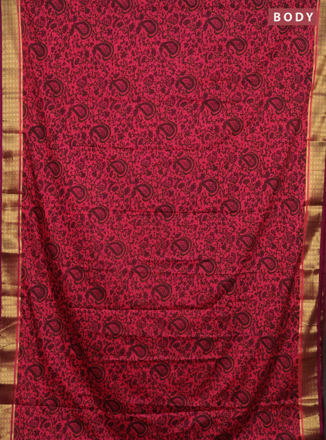 Semi mysore silk saree pink and purple with allover prints and zari woven border