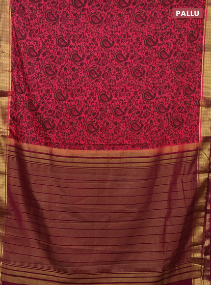 Semi mysore silk saree pink and purple with allover prints and zari woven border
