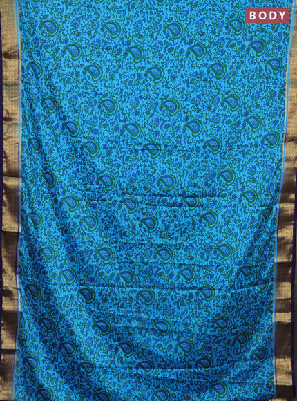 Semi mysore silk saree light blue and navy blue with allover prints and zari woven border