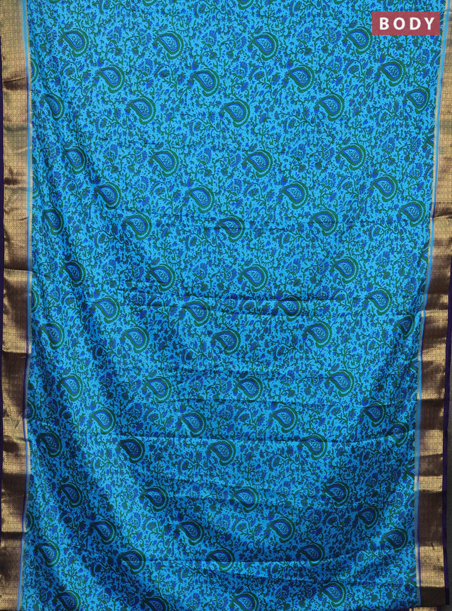 Semi mysore silk saree light blue and navy blue with allover prints and zari woven border