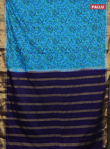 Semi mysore silk saree light blue and navy blue with allover prints and zari woven border