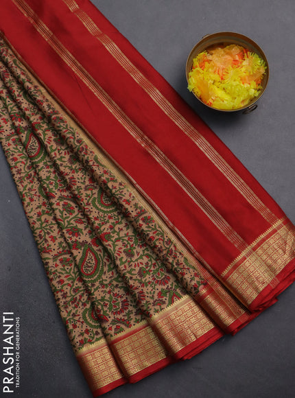 Semi mysore silk saree sandal and red with allover prints and zari woven border