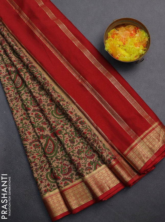Semi mysore silk saree sandal and red with allover prints and zari woven border