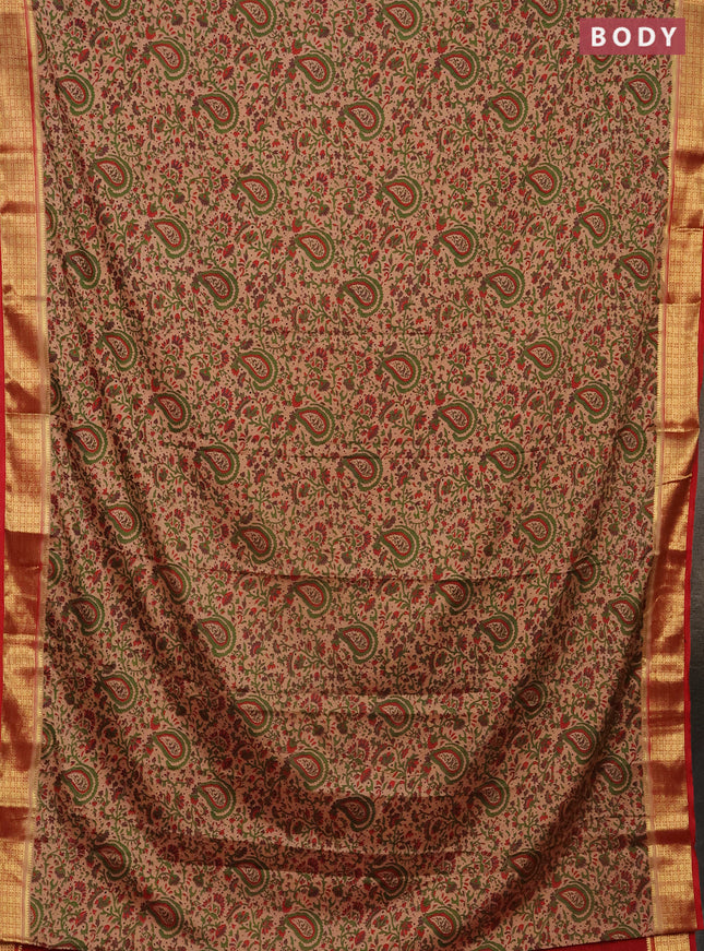 Semi mysore silk saree sandal and red with allover prints and zari woven border