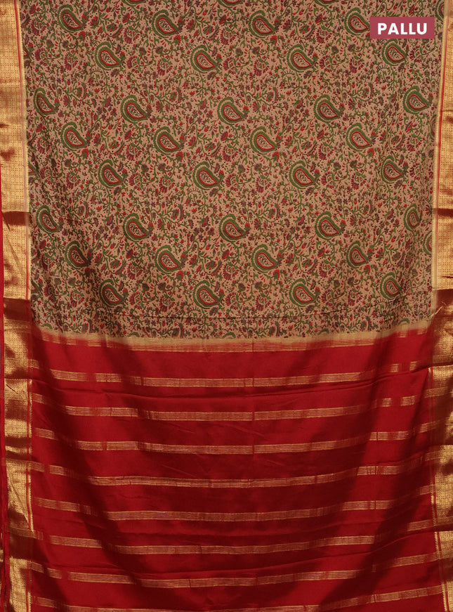 Semi mysore silk saree sandal and red with allover prints and zari woven border