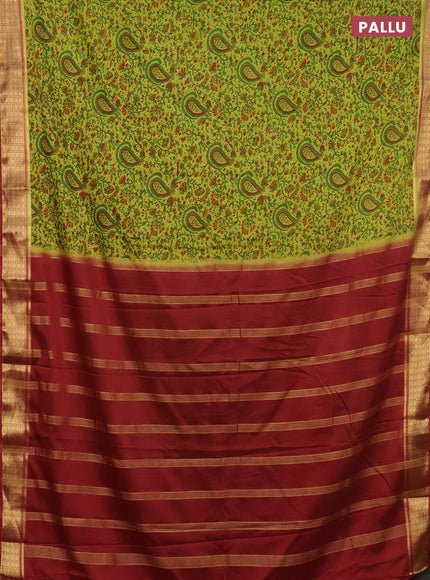 Semi mysore silk saree light green and maroon with allover prints and zari woven border