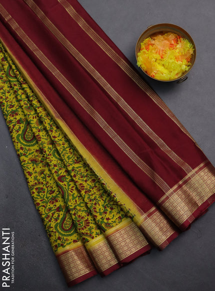 Semi mysore silk saree lime yellow and maroon with allover prints and zari woven border