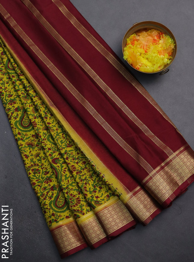 Semi mysore silk saree lime yellow and maroon with allover prints and zari woven border