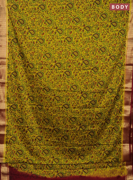 Semi mysore silk saree lime yellow and maroon with allover prints and zari woven border