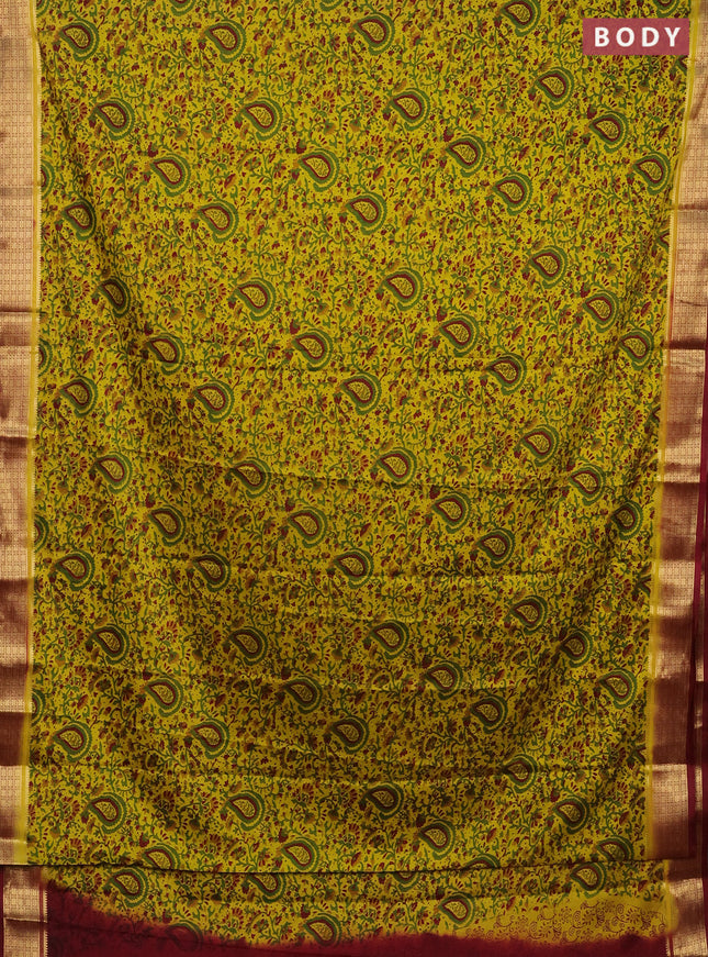 Semi mysore silk saree lime yellow and maroon with allover prints and zari woven border