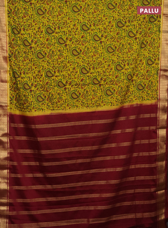 Semi mysore silk saree lime yellow and maroon with allover prints and zari woven border