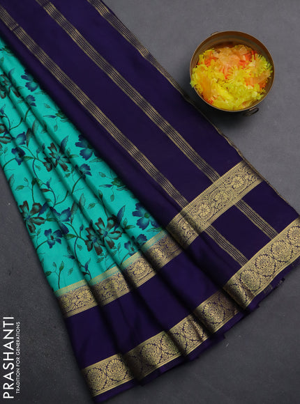 Semi mysore silk saree teal green and navy blue with allover floral prints and rettapet zari woven border