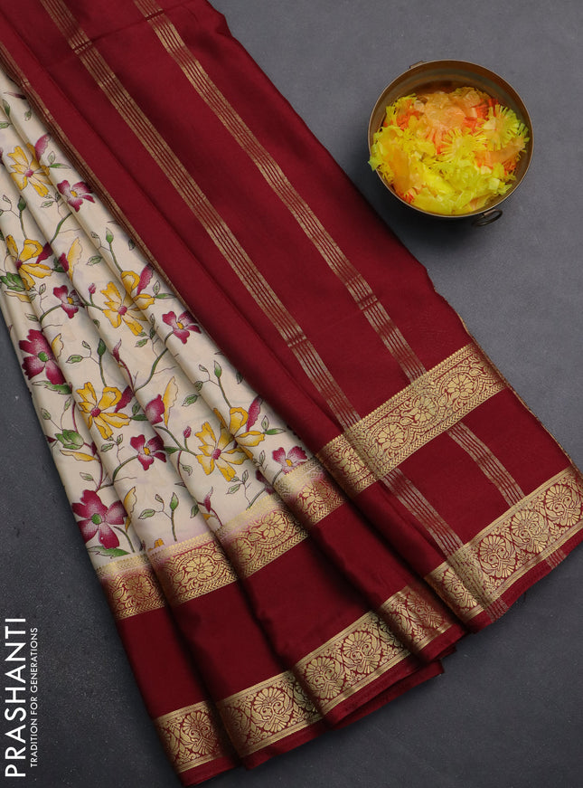 Semi mysore silk saree cream and maroon with allover floral prints and rettapet zari woven border