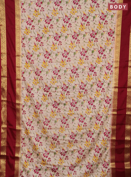 Semi mysore silk saree cream and maroon with allover floral prints and rettapet zari woven border