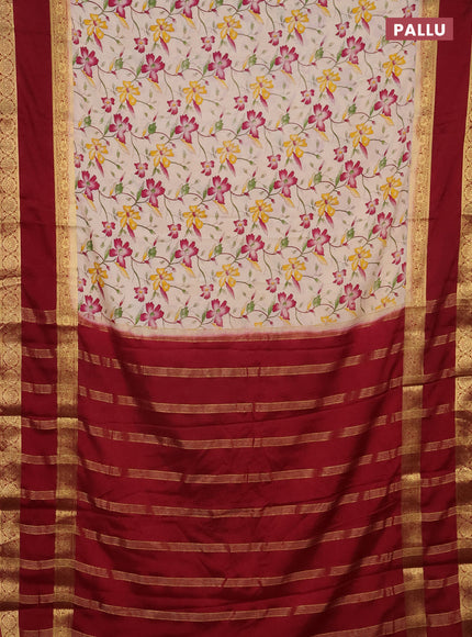 Semi mysore silk saree cream and maroon with allover floral prints and rettapet zari woven border