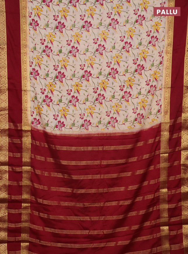 Semi mysore silk saree cream and maroon with allover floral prints and rettapet zari woven border