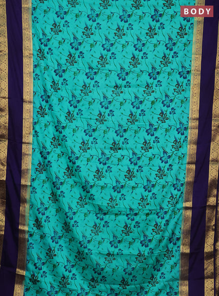 Semi mysore silk saree teal green and navy blue with allover floral prints and rettapet zari woven border
