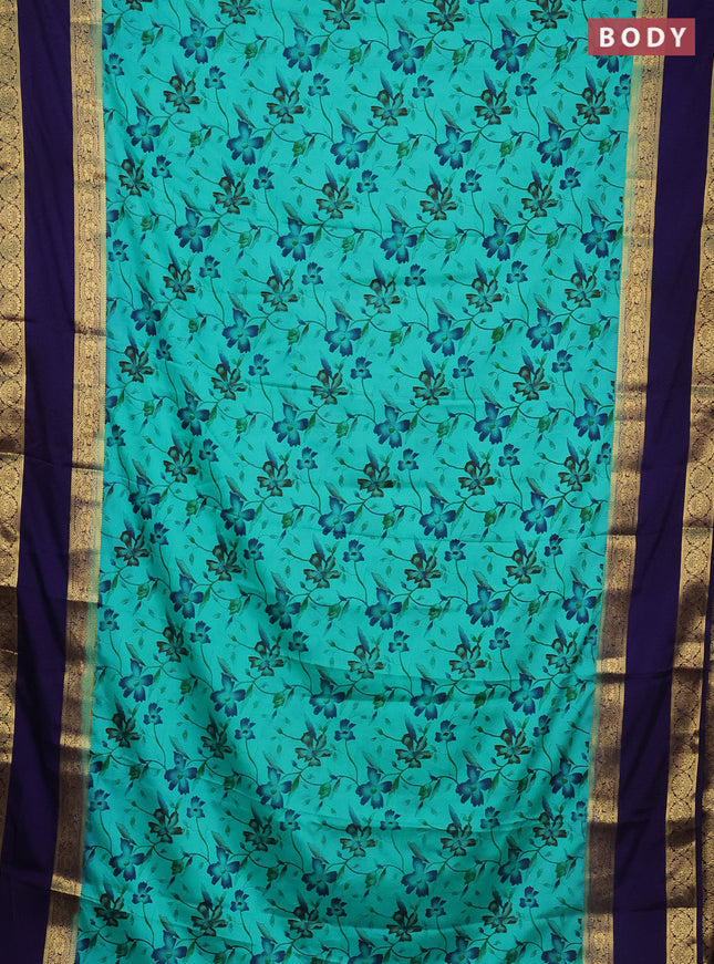 Semi mysore silk saree teal green and navy blue with allover floral prints and rettapet zari woven border