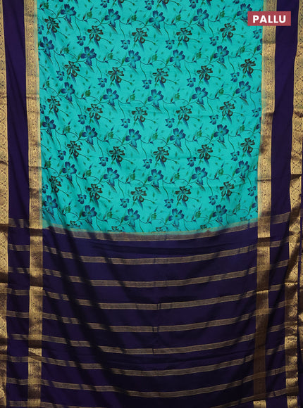 Semi mysore silk saree teal green and navy blue with allover floral prints and rettapet zari woven border
