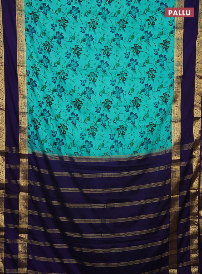 Semi mysore silk saree teal green and navy blue with allover floral prints and rettapet zari woven border