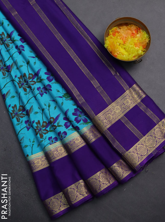 Semi mysore silk saree light blue and violet with allover floral prints and rettapet zari woven border