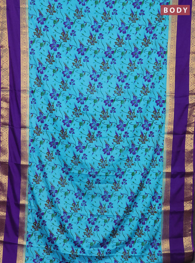 Semi mysore silk saree light blue and violet with allover floral prints and rettapet zari woven border