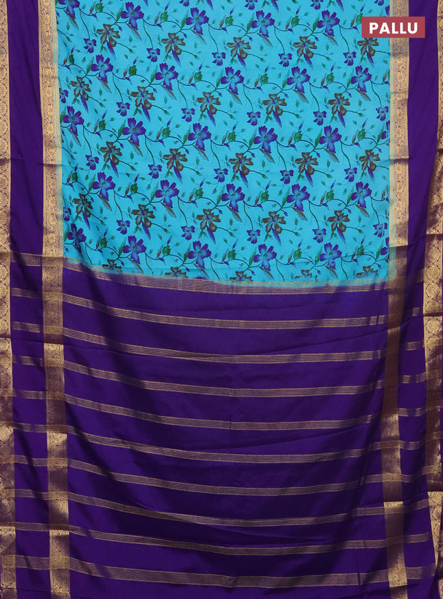 Semi mysore silk saree light blue and violet with allover floral prints and rettapet zari woven border