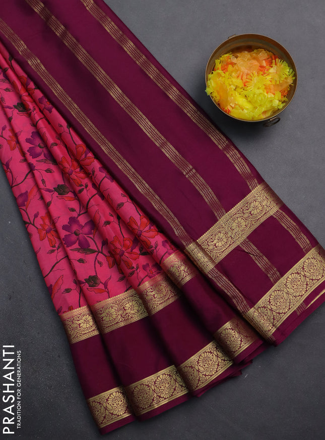 Semi mysore silk saree pink and wine shade with allover floral prints and rettapet zari woven border