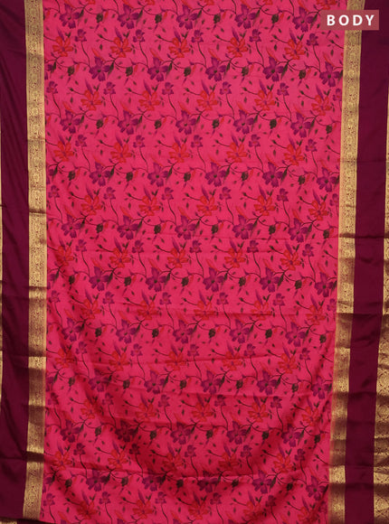 Semi mysore silk saree pink and wine shade with allover floral prints and rettapet zari woven border