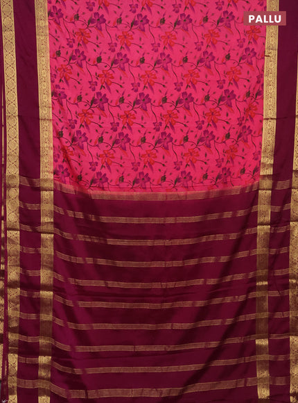 Semi mysore silk saree pink and wine shade with allover floral prints and rettapet zari woven border