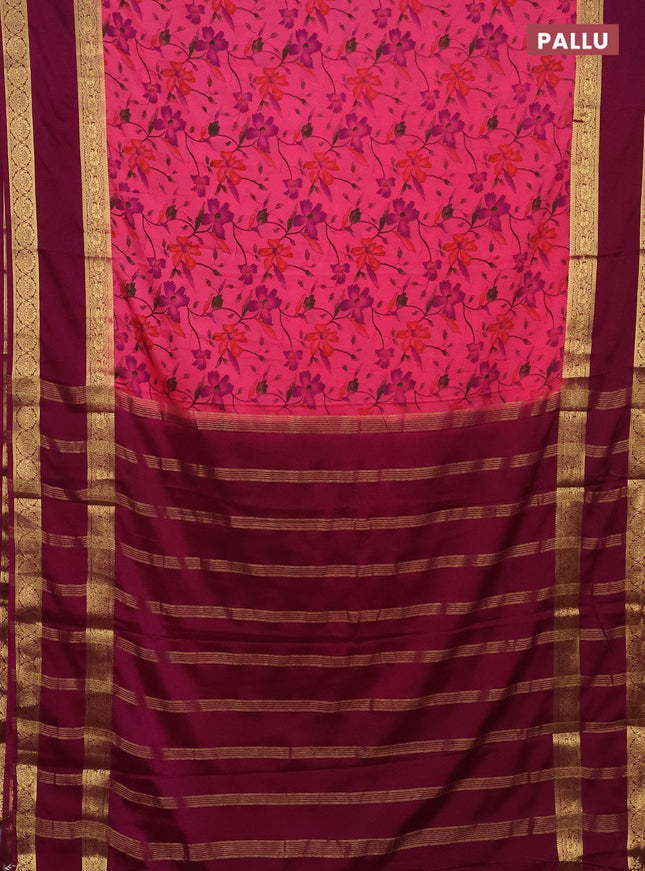 Semi mysore silk saree pink and wine shade with allover floral prints and rettapet zari woven border