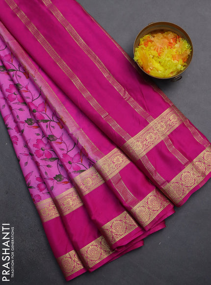 Semi mysore silk saree light pink and pink with allover floral prints and rettapet zari woven border