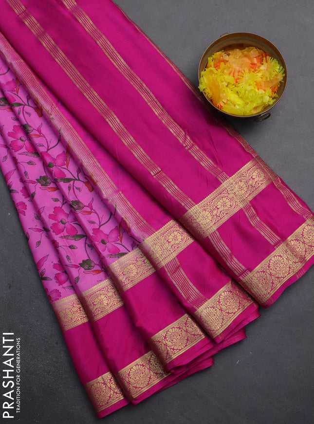 Semi mysore silk saree light pink and pink with allover floral prints and rettapet zari woven border