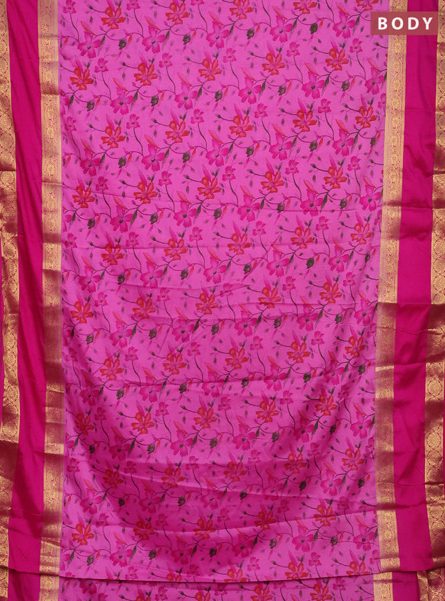 Semi mysore silk saree light pink and pink with allover floral prints and rettapet zari woven border