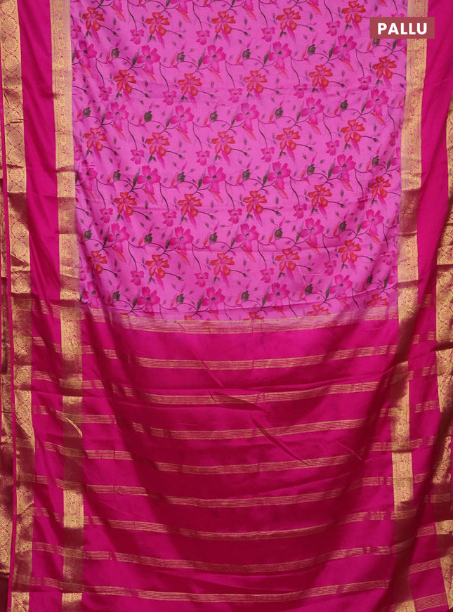 Semi mysore silk saree light pink and pink with allover floral prints and rettapet zari woven border