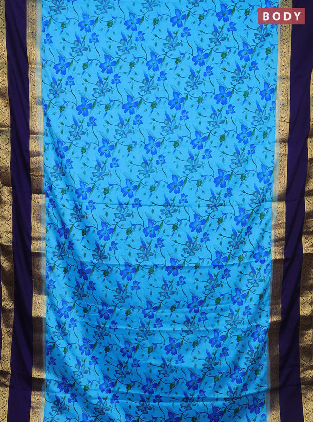 Semi mysore silk saree light blue and navy blue with allover floral prints and rettapet zari woven border