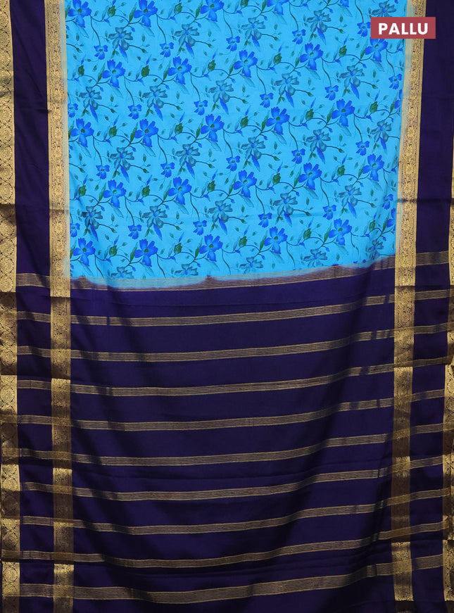 Semi mysore silk saree light blue and navy blue with allover floral prints and rettapet zari woven border